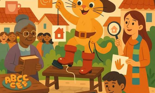 El Gato con Botas, alegre y decidido, está en el centro sobre un banco de madera lustreando sus botas rojas brillantes, sosteniendo una cuerda para colgar un cartel; a su derecha Lila, mujer de unos 30 años con una larga bufanda colorida y vestido sencillo, muestra un dibujo con una lupa; al pie del banco, un niño viajero de unos 10 años con chaqueta remendada y una pequeña bolsa dibuja símbolos en una pizarra; a la izquierda, Doña Violeta, mujer de unos 60 años con el pelo gris en moño y gafas redondas, sostiene un gran libro antiguo sobre una mesa; la plaza empedrada, casas de tejado rojo y árboles con carteles colgantes en forma de taza, casa, mano y espiral, reúne una mesa con pasteles en forma de letras y una pequeña multitud de niños y vecinos sonrientes; la escena muestra una feria de signos: el Gato cuelga un cartel que dice "bienvenida" mientras todos observan y aprenden, con atmósfera cálida, colores vivos y luz suave de fin de mañana.