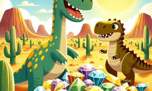 Un diplodocus alegre, con un largo cuello y una piel verde manchada de amarillo, se encuentra en el centro de la imagen, con los ojos brillantes de emoción al descubrir un tesoro brillante. A su lado, un robusto tiranosaurio, Rex, con escamas marrones y ojos traviesos, sonríe ampliamente, listo para compartir esta aventura. El escenario es un vasto desierto soleado, salpicado de grandes rocas y cactus coloridos, con majestuosas montañas al fondo. La escena está llena de luz dorada, creando un ambiente cálido y amigable. Dino y Rex están frente a un montón de joyas brillantes, piedras preciosas de todos los colores, iluminadas por el sol, mientras ríen juntos, celebrando su amistad y el descubrimiento de este increíble tesoro.