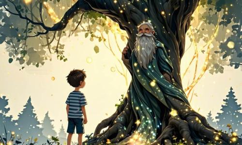 Im Zentrum des Bildes steht ein 12-jähriger Junge namens Finn mit zerzausten braunen Haaren und neugierigen, funkelnden Augen vor einem majestätischen, leuchtenden Baum. Er trägt ein gestreiftes Hemd und eine Jeansshorts, sein Gesicht strahlt vor Aufregung und Staunen, während er den verborgenen Schatz unter dem Baum betrachtet. Neben ihm schwebt eine ätherische Gestalt, eine weise alte Frau aus Licht, leicht über dem Boden. Sie hat silberne Haare, die wie Sterne funkeln, und ein fließendes Kleid, das aus Nebel zu bestehen scheint. Sie lächelt Finn warm an und ermutigt ihn auf seiner Suche. Die Szenerie ist eine verzauberte Insel, umgeben von mysteriösem Nebel und bunten Blumen, die ein sanftes Licht ausstrahlen. Der Boden ist mit goldenen Blättern bedeckt, und der Himmel ist tiefblau mit leichten Wolken. Die Hauptsituation zeigt Finn, der den Schatz der Weisheit unter dem leuchtenden Baum entdeckt, einen Moment der Offenbarung und Magie, in dem ihm klar wird, dass der wahre Schatz in den gelernten Lektionen und erlebten Abenteuern liegt.