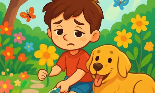 A 6-year-old boy named Oliver, with messy brown hair and sparkling curious eyes, sits in a vibrant garden. His face shows a gentle melancholy with a slight smile as he gazes at a beautiful yellow flower, a symbol of his grandmother's love. Next to him, his dog Max, a golden retriever, lies with his tongue out, seemingly comforting Oliver with his warm presence. The garden is enchanting, filled with bright flowers, fluttering butterflies, and sunlight filtering through the tree leaves. A small stone path leads to a special area surrounded by flowers, where Oliver has created a corner dedicated to his grandmother. The scene depicts Oliver carefully planting seeds, surrounded by the garden's beauty while reminiscing about moments spent with his grandmother, bridging the past and present.