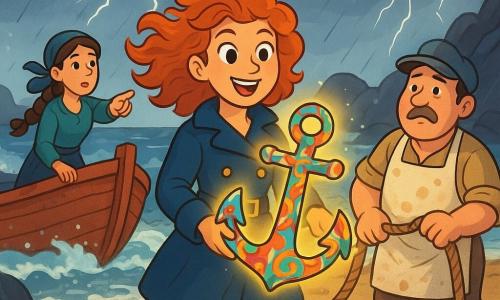 Kapitein Sara, ongeveer 28, rossig krullend haar in de wind, vastberaden en opgewonden, houdt een kleurrijke magische anker vast terwijl ze op nat zand staat; Joep, ongeveer 35, vrolijke maar bezorgde kok met een bevlekt schort en pet, staat rechts op het strand met een touw en kijkt naar Sara; Lila, ongeveer 25, rustige navigator met ingevlochten bruin haar, staat op de boeg van het aangespoelde bootje links van Sara en wijst naar de horizon; kleine rotsachtige eiland met goudkleurig zand, natte zwarte rotsen, schuimende golven en een grijsblauwe onweerslucht met bliksem; het roodhouten schip 