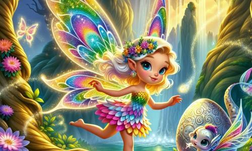 Een jonge fee genaamd Lila, met glinsterende vleugels als regenbogen, vliegt met een vastberaden glimlach op haar gezicht. Haar gouden haar zweeft om haar heen, en ze draagt een jurk van kleurrijke bloemblaadjes. Ze staat voor een groot zilveren ei dat pulseert van licht, met ogen vol verwondering.

Naast haar staat een kleine draak met zilveren schubben en sterachtige ogen, met een bezorgde uitdrukking, dicht bij het ei. Hij heeft delicate vleugels en een gracieuze lichaam, kijkt hoopvol naar Lila.

De locatie is een oude ruïne verborgen in het hart van een betoverd bos, omringd door grote bomen met knoestige stammen en heldere bloemen die in levendige kleuren bloeien. Het zonlicht filtert door het loof, waardoor dansende schaduwen op de met mos bedekte grond ontstaan.

De belangrijkste situatie toont Lila en de draak die zich voorbereiden om het magische ei te verdedigen tegen dreigende schaduwen die aan de horizon opdoemen, terwijl de magie van het bos om hen heen lijkt te trillen.