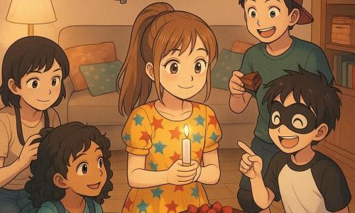 Niña de 12 años, Lola, expresión sonriente, cola de caballo, lleva vestido colorido con estrellas y sostiene una pequeña vela blanca con hilo rojo; a su alrededor, amigos: Nico (~10) disfrazado de pingüino improvisado que ríe junto al sofá, Amina (~12) de cabello rizado con mochila sentada en la alfombra mirando a Lola, Bruno (~12) con gorra al revés detrás de la mesa sosteniendo una porción de pastel, Sara (~12) con cámara instantánea agachada tomando la foto y Teo (11–12) señalando la vela como pidiendo un deseo; salón cálido y colorido con guirnaldas “12”, gran pastel de chocolate y frambuesas en la mesa, cojines y estanterías, luz cálida de lámpara que ilumina la vela y los rostros en un ambiente íntimo y alegre justo antes de soplar la vela.