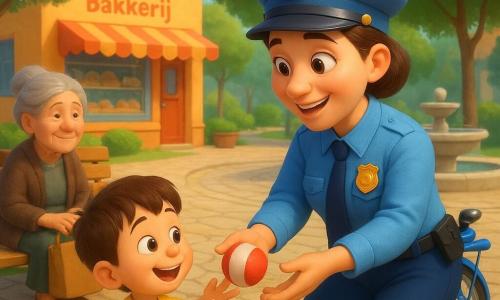 Een vriendelijke, glimlachende vrouwelijke agent in lichtblauw uniform en pet reikt een rood‑wit balletje terug aan de lachende jongen Sam (ongeveer 4 jaar, bruin haar, geel T‑shirt) die met beide handen pakt; links zit een oude vrouw (~70) met grijs knotje en een bruine boodschappentas op een bankje en kijkt rustig glimlachend toe; op de zonnige pleinachtergrond een kleurrijke bakkerij, een ronde fontein met een blauw politiefietsje met rood claxonnetje en mandje op het trottoir, groene bomen, klinkers en houten bankjes; warme, heldere sfeer, levendige kleuren, ronde vormen en zachte texturen, overdreven vriendelijke expressies geschikt voor peuters.
