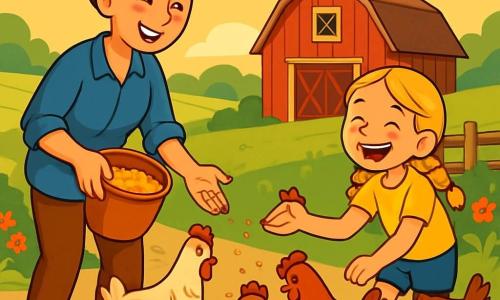 Kobieta rolniczka w wieku około trzydziestu lat, z brązowymi włosami związanymi w kok, uśmiechnięta i pełna życia, nosi niebieską bluzę i materiałowe spodnie. Karmi kury na słonecznym podwórku, trzymając w rękach wiadro z ziarnami. Obok niej stoi dziesięcioletnia dziewczynka z blond warkoczami, ubrana w żółtą koszulkę i szorty. Radośnie się śmieje, próbując dać ziarna ciekawskiej kurze, która dziobnie wokół niej. Tło stanowi malownicza farma z dużą czerwoną stodołą w tle, zielone pola sięgające horyzontu i kolorowe kwiaty przy drodze. Scena jest oświetlona miękkim, złotym światłem zachodzącego słońca, tworząc ciepłą i przyjazną atmosferę. Główna sytuacja pokazuje kobietę i dziewczynkę dzielące chwilę bliskości, wspólnie się śmiejąc i interagując z zwierzętami na farmie, ilustrując radość i harmonię życia na farmie.