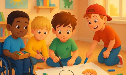 There are four children: Milo, boy, 9, tousled brown hair, green T‑shirt with a small star, sitting center on the light wooden floor holding a black marker and drawing a balloon; Jasper, boy, 8, red hair with freckles, red cap worn backward, standing to Milo’s right tapping the paper with a blue marker and grinning mischievously; Theo, boy, 9, blond hair with bangs, wearing a yellow sweater, sitting to Milo’s left drawing a dancing cupcake with a pink pencil; Ben, boy, 9, short black hair, in a wheelchair with bright blue rims placed to steady the paper, holding a box of crayons and watching the others with a calm smile. They are in a sunny child’s bedroom with colorful posters, a low shelf of books, an open window letting in warm morning light and scattered crayons and erasers. The four are gathered in a circle around a large sheet preparing a birthday card and decorations, each drawing an element (balloon, sun with a hat, cupcake, task list), warm focused atmosphere, bright colors and clear lines.