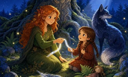 A smiling, serene woman (Elara) with autumn-leaf colored hair and a green wool dress holds a thin ribbon of moonlight in her right hand; her face is gentle, eyes bright and calm, posture open and consoling. A six-year-old girl with chestnut hair in two braids and a rust-colored coat sits beside her, holding a small recovered rag doll, looking relieved and awed. A twilight fox of blue shadows and silver fur leaves a shining feather like a star map at their feet and stands slightly back facing the clearing. An ancient elm dominates the center, wide trunk with leaflike carved letters and roots spiraling around a circle of low stones; a silver moonbeam casts crisp shapes. The scene is a nocturnal clearing carpeted with pale green moss and ferns, floating yellow fireflies, lichen-covered stones and an indigo starry sky, calm and magical. The main moment: Elara gently gives the moon ribbon to the girl while the fox watches and the doll rests on a fern; centered composition with directional moonlight, warm colors on the figures contrasting the cool blues of the woods.