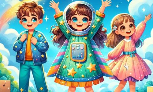 No primeiro plano, Luna, uma menina de 10 anos com cabelos cacheados e castanhos, usa um traje espacial colorido de papel, com um grande sorriso de empolgação no rosto. Ela está fazendo um gesto de decolagem, levantando os braços para o céu, como se estivesse prestes a voar para as estrelas. Ao lado dela, Pedro, um menino de 9 anos com cabelos curtos e loiros, olha para Luna com admiração, também vestindo um traje espacial de papel. Ele segura um pequeno modelo de foguete nas mãos, com os olhos brilhando de entusiasmo. Clara, uma menina de 10 anos com cabelos longos e lisos, está fazendo uma pirueta, vestida com um traje de papel decorado com desenhos de estrelas, adicionando um toque de magia à cena. O cenário se passa em um parque verdejante, com um grande céu azul salpicado de nuvens brancas e um grande foguete falso de papelão no centro, cercado por árvores e flores coloridas. Crianças brincam ao redor, criando uma atmosfera alegre e dinâmica. A situação principal mostra Luna e seus amigos em plena simulação de missão espacial, correndo ao redor do foguete de papelão, imaginando que estão voando para o espaço, cheios de sonhos e aventuras interestelares.