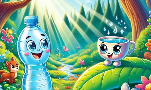Aqua, o mică sticlă de apă zâmbitoare cu ochi strălucitori și un corp transparent, stă pe o frunză mare verde, cu brațele ridicate de bucurie, admirând frumusețea pădurii. Lângă ea, Canița, o adorabilă cană din ceramică cu obrașe roz și un zâmbet călduros, privește cu uimire florile colorate din jur, stând ușor în spate, plină de entuziasm. În fundal, pădurea este luxuriantă, cu copaci majestuoși și trunchiuri groase, raze de soare filtrându-se prin frunziș, și flori strălucitoare de toate culorile dansând în bătaia vântului. Situația principală arată cum Aqua și Canița explorează pădurea fermecată, pregătite să trăiască o aventură magică, înconjurate de animale curioase care le observă cu ochi strălucitori de curiozitate.