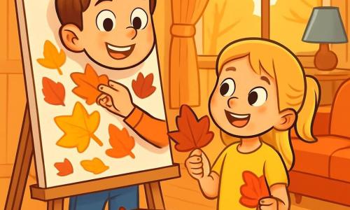 Ein 12-jähriger Junge, Jonas, mit braunen Haaren und neugierigen Augen, steht im Mittelpunkt der Szene, ein breites Lächeln im Gesicht, während er bunte Herbstblätter auf eine große Leinwand klebt. Neben ihm steht seine 8-jährige Schwester Mia, ein Mädchen mit blonden Haaren und strahlenden Augen, die bewundernd eine leuchtend rote Blätter in der Hand hält. Der Hintergrund ist ein gemütliches Familienzimmer mit hellen Holzwänden, einem großen Fenster, das das goldene Licht des Nachmittags hereinlässt, und einem flauschigen Teppich, auf dem Herbstblätter verstreut liegen. Auf dem Tisch sind Töpfe mit leuchtenden Farben und Pinsel bereitgestellt. Die Hauptsituation zeigt Jonas und Mia bei ihrer künstlerischen Schöpfung, umgeben von leuchtend roten, orangefarbenen und gelben Blättern, die die Magie des Herbstes in ihrem Werk festhalten.