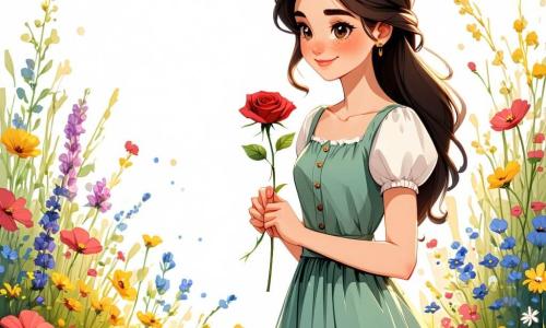 Emilia, eine etwa 20-jährige Frau, steht am Rand eines wunderschönen Gartens voller bunter Blumen. Sie hat lange braune Haare, die sanft über ihre Schultern fallen, und ihre strahlenden Augen spiegeln Entschlossenheit und tiefe Freude wider. Sie trägt ein leichtes grünes Baumwollkleid mit floralen Mustern und hält zärtlich eine rote Rose in ihren Händen, ein strahlendes Lächeln auf ihrem Gesicht. Neben ihr schwebt Lysia, eine kleine Fee mit glitzernden Flügeln. Sie ist etwa 10 Jahre alt, hat goldene Haare und schelmische Augen. Sie trägt ein Kleid aus Blütenblättern und lächelt Emilia an, um sie in ihrer Mission zu ermutigen. Der Garten ist ein bezaubernder Ort, gefüllt mit strahlenden Rosen, duftendem Flieder und großen majestätischen Bäumen mit glänzenden Blättern. Ein sanfter Sonnenstrahl filtert durch die Äste und taucht die Szene in goldenes Licht. Emilia bereitet sich darauf vor, die rote Rose, ein Symbol der Liebe, zu pflücken, um ihre Mission zur Rettung des Feenkönigs zu erfüllen. Die Atmosphäre ist magisch, erfüllt von Hoffnung und Abenteuer, während sie sich darauf vorbereitet, die bevorstehenden Herausforderungen zu meistern.