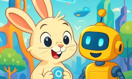 Młody królik o imieniu Filemon, z miękkim i jedwabistym kremowym futrem, dużymi wyrazistymi uszami i błyszczącymi oczami ciekawości, stoi w centrum sceny, z szeroko otwartymi oczami zaskoczenia i zachwytu. Z uśmiechem patrzy wokół siebie, trzymając w przednich łapkach mały błyszczący guzik. Obok niego przyjazny żółty robot o imieniu Titi, z gładkim metalowym ciałem i ruchomymi ramionami, uśmiecha się swoimi świecącymi oczami w kształcie diod LED. Lekko pochyla się w stronę Filemona, okazując zachęcający i entuzjastyczny wyraz twarzy. W tle majestatycznie rozciąga się futurystyczne miasto Megabłyskawa, z organicznymi i kolorowymi budynkami, drzewami z luminescencyjnymi liśćmi oraz unoszącymi się w powietrzu pojazdami. Hologramy tańczą w powietrzu, dodając magicznego klimatu otoczeniu. Scena przedstawia Filemona i Titiego wspólnie odkrywających to niesamowite miasto, pełne fascynujących technologii i jaskrawych kolorów, podczas gdy odkrywają cuda Megabłyskawy.