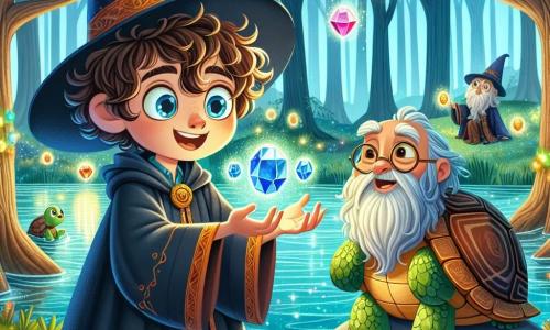 A young wizard apprentice named Finn, an eight-year-old boy with curly, tousled hair, wears a robe that is too big for him. His eyes shine with curiosity and excitement as he stands by a sparkling pond, holding three glowing gems in his hands. Beside him, a wise old turtle named Sir Turtley, with a long white beard and round glasses, smiles proudly while sitting on a rock. The setting is an enchanted forest where colorful trees whisper secrets and sparkling flowers dance in the gentle breeze. The main scene shows Finn, amazed, ready to open a floating magic book above the water, surrounded by magical creatures that watch him with admiration.