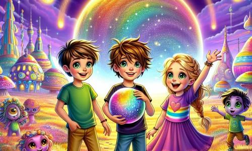 In een betoverend landschap van de planeet Galaxia staan drie menselijke kinderen in het midden van de afbeelding. Max, een 10-jarig jongetje met rommelig bruin haar en nieuwsgierige ogen, glimlacht terwijl hij een grote, kleurrijke bal vasthoudt die schittert. Aan zijn rechterkant staat Sara, een 9-jarig meisje met lange, gevlochten blonde haren en een paarse jurk, die enthousiast haar armen in de lucht steekt. Aan de linkerkant kijkt Tom, een 10-jarige jongen met kastanjebruin haar en een groene t-shirt, verwonderd naar een groep kleurrijke Galaxianen die om hen heen dansen. De sfeer is magisch: de lucht is een stralend paars met gouden wolken, en de grond is bedekt met glinsterend gras dat lijkt te trillen onder hun voeten. Op de achtergrond staan huizen met vreemde vormen en heldere kleuren, terwijl vallende sterren de lucht doorkruisen. De kinderen vermaken zich met hun nieuwe buitenaardse vrienden, delen lachen en spelen in een vrolijke, feestelijke sfeer die eenheid en vriendschap tussen culturen symboliseert.