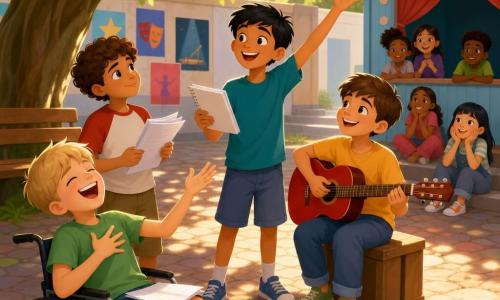 Hay cuatro niños: Miguel, niño de 10 años, pelo negro corto y gran sonrisa, de pie al centro dirigiendo con un brazo levantado y un pequeño cuaderno; Pablo, niño de 10 años, pelo castaño rizado, a la izquierda de Miguel con un guion doblado y aire creativo; Nico, niño de 10 años, pelo castaño liso, a la derecha sentado en una caja con una guitarra acústica roja; y Lucas, niño de 10 años, rubio, en silla de ruedas delante del grupo imitando una réplica cómica; están en el patio de recreo bajo un gran árbol con raíces visibles y hojas verdes, suelo de adoquines cálidos, un banco de madera y un pequeño teatro azul claro al fondo; ensayan un espectáculo de talentos durante el recreo, con guiones esparcidos, rayos de sol filtrándose entre las hojas y una atmósfera alegre y colores vivos.