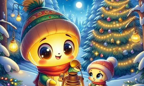 Un piccolo lampione di nome Blinky, con una luce dorata brillante e un volto sorridente, si trova al centro della scena, con gli occhi scintillanti di eccitazione mentre decora un grande albero di Natale. Accanto a lui, sua sorella Flick, un lampione più piccolo con una luce tenue e un'espressione timida, lo osserva con ammirazione, tenendo una ghirlanda colorata nelle sue piccole "zampe". Il contesto è un magnifico bosco innevato, con alberi maestosi coperti di neve scintillante e stelle brillanti in un cielo notturno. Fiocchi di neve cadono dolcemente attorno a loro, aggiungendo un tocco magico all'atmosfera. Blinky e Flick stanno preparando una sorpresa di Natale, circondati da decorazioni scintillanti, mentre una dolce melodia di canti natalizi aleggia nell'aria, creando un'atmosfera calda e festosa.