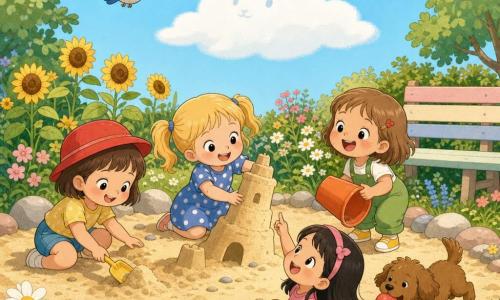 Hay seis personajes: Ana, niña de 4 años, pelo castaño corto con un pequeño sombrero rojo, a la izquierda cavando con una pala amarilla; Lola, niña de 4 años, pelo rubio en coletas y vestido azul de lunares blancos, en el centro construyendo una torre de arena inclinada; Marta, niña de 4 años, pelo castaño claro con peto verde, a la derecha riendo y sosteniendo un cubo naranja volcado; Sara, niña de 4 años, pelo negro liso con diadema rosa, delante del castillo señalando una nube con forma de conejo; un perrito marrón de pelo suave junto a ellas mordiendo una pelota roja; y un pajarito azul de alas redondeadas volando y cantando. Lugar: un jardín soleado con césped verde y flores (girasoles y margaritas), un rincón de arena claro con piedras lisas y un banco de madera pintado en tonos pastel; cielo azul claro con una gran nube blanca en forma de conejo. Situación: las cuatro amigas construyen juntas un gran castillo de arena entre risas, con palas y cubos dispersos, una torre inclinada, el perro jugando cerca y el pájaro sobrevolando alegre.