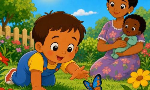 Un niño de 2 años, rostro redondo y mejillas rosadas, cabello castaño corto, mirada asombrada y sonrisa dulce, gatea y extiende la mano hacia una pequeña mariposa de alas azules y naranjas posada en una piedra gris. Al fondo a la derecha, la madre, unos 30 años, cabello recogido en moño y vestido simple de flores, lo sostiene y sonríe. Jardín soleado con césped verde, flores rojas y amarillas, una piedra lisa y cielo azul con sol cálido. Escena sencilla y dulce, tonos saturados, contornos nítidos y formas redondeadas, estilo de animación infantil y reconfortante.