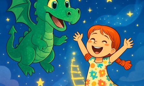 Ein majestätischer Drache mit schimmernden, smaragdgrünen Schuppen und strahlenden, ausdrucksvollen Augen schwebt fröhlich im sternenübersäten Himmel. Sein breites Lächeln zeigt seine Freude und Begeisterung, während er über ein wunderschönes Lichtgitter fliegt. Neben ihm steht ein 8-jähriges Mädchen namens Luna, mit roten Zöpfen und Sommersprossen, die lachend die Arme hebt, begeistert von der Schönheit der Sterne. Sie trägt ein leichtes Kleid mit bunten Blumenmustern und steht auf einer Stufe der funkelnden Lichtleiter, die zu den Sternen führt. Die Szenerie ist ein nächtlicher Himmel voller leuchtender Sterne, mit einer großen Milchstraße am Horizont und einem sanften Wind, der die Wolken tanzen lässt. Unten sieht man ein schlafendes Dorf mit Häusern mit schrägen Dächern und gedämpften Lichtern. Die Hauptsituation zeigt den Drachen und Luna, die neue Sternbilder benennen, umgeben von kleinen, leuchtenden Funken, die um sie tanzen und eine magische, fröhliche Atmosphäre schaffen.