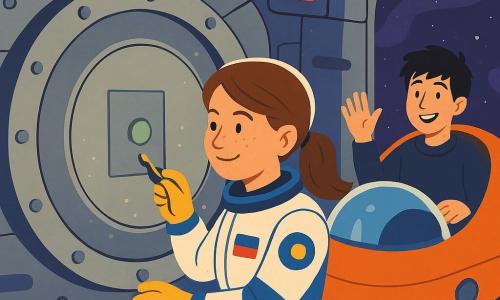 O femeie astronaut, zâmbitoare și concentrată, față rotundă cu pistrui, păr castaniu prins în coadă, costum spațial alb și albastru cu embleme colorate, ține o șurubelniță mică aurie și ajustează o lumină indicator verde pal pe o mare ușă metalică; un băiat pilot de aproximativ 17 ani, păr negru zburlit și zâmbet ușurat, stă puțin retras într-o mică capsulă portocalie rotundă și lucioasă și îi face cu mâna în semn de mulțumire; locul este o mare bayă rotundă a unei stații spațiale cu pereți argintii texturizați, panouri luminoase dreptunghiulare roșii, albastre și galbene, țevi și piulițe vizibile, podea metalică cu modele geometrice și ferestre spre un cer stelar violet cu benzi de nebuloasă; scena principală arată femeia reparând un indicator care clipește pe sas în timp ce ghidează lent capsula portocalie la ancorare, o barieră magnetică translucidă bleu pâle sclipind în jurul sasului și particule aurii de praf cosmic ricoșând de scut; stil grafic: forme simple, culori vii în aplau, contururi clare, texturi ușoare, atmosferă liniștitoare și eroică, compoziție clară centrată pe ușa de andocare și cei doi protagoniști.