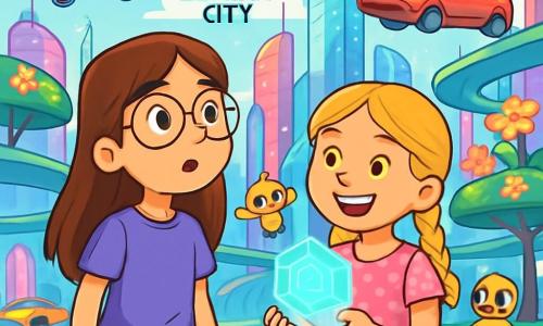 Hay 2 personajes principales: - Valentina: una niña de 10 años, con largos cabellos castaños y gafas redondas. Lleva una camiseta violeta y un short de mezclilla. Mira a su alrededor con asombro, de pie a la izquierda. - Lucía: una niña de 10 años, con trenzas rubias y una sonrisa radiante. Viste un vestido rosa con lunares y sostiene un holograma en sus manos, de pie a la derecha de Valentina. La situación principal tiene lugar en Lumina City, una metrópoli futurista con edificios de vidrio brillante que cambian de color. Calles flotantes se extienden bajo un cielo azul salpicado de nubes ligeras, mientras robots amigables se mueven a su alrededor. Parques colgantes, llenos de flores luminosas, añaden un toque de magia a esta increíble ciudad. La historia muestra a Valentina y Lucía, asombradas, descubriendo una puerta secreta que las ha transportado a esta ciudad futurista. Intercambian miradas fascinadas, rodeadas de drones coloridos y vehículos flotantes, listas para explorar este mundo extraordinario.