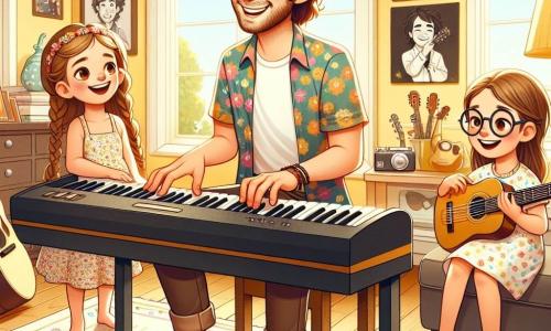 Een glimlachende man, genaamd Tom, zit voor een piano in een zonnige woonkamer. Hij heeft licht krullend bruin haar, draagt een kleurrijk shirt en een casual broek. Zijn ogen stralen van vreugde terwijl hij vrolijke noten speelt, zijn rechterhand danst over de witte en zwarte toetsen. Naast hem kijkt een 8-jarig meisje, Emma, met lange vlechten vol verwondering. Ze draagt een bloemenjurk en houdt een kleine gitaar vast, klaar om hem te begeleiden. Een 7-jarig jongen, Max, met een stralende glimlach en een bril, zit op de grond te spelen met een bal, ongeduldig om mee te doen met de muziek. De ruimte is een warme woonkamer, vol natuurlijk licht, met pastelgele muren en posters van muzikanten. Muziekinstrumenten zijn verspreid over de ruimte, wat een vrolijke en creatieve sfeer creëert. De hoofdscène toont Tom die de kinderen muziek leert. Ze lachen en hebben plezier samen, terwijl ze een vrolijke melodie creëren die door de kamer galmt, vol energie en geluk.