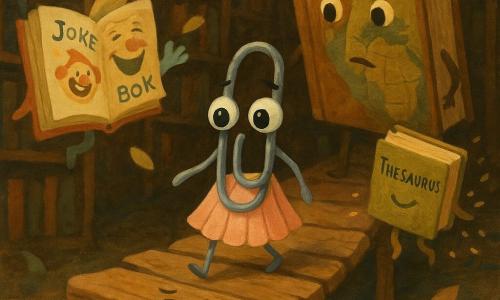 Pip is a small animated silver paperclip, slightly bent, with large round expressive eyes, focused and brave, wearing a pastel felt bookmark skirt and cautiously crossing a creaky wooden bridge with cracked planks and a drawn grumpy mouth, a silent vibration under Pip’s steps; a colorful Joke Book lies open on a table to the left, laughing silently and waving a page like a hand; a huge leather-bound Atlas stands on a shelf behind, worried but curious and slightly bending its cover as if encouraging; a smaller Thesaurus with gilded pages smiles gently and floats near the bridge, offering invisible words like confetti; the library is a maze of tall dark wood shelves, question-mark lanterns hanging and bookmarks floating like leaves, warm amber lighting and dancing dust; the scene shows Pip delivering silence as he walks slowly, the felt skirt muffling creaks, calm tender mood, contrast between the bridge’s potential noise and a bubble of silence around the hero; gouache style with visible textures, soft brushstrokes, warm palette of browns, ochres, soft greens and pastels, delicate contrasts, centered narrative composition.