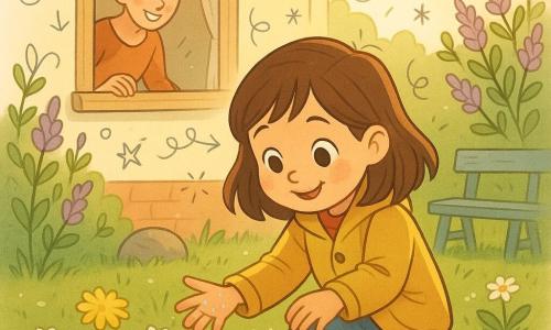 O fată de 6 ani, fericită și curioasă, cu părul șaten până la umeri și ochi mari și strălucitori, stă în genunchi în iarba umedă atingând ușor margarete și mici păpădii galbene; poartă un palton ușor muștar, blugi și ghete noroioase, cu mâinile ușor ude de rouă. În spatele ei, la fereastra casei, o femeie adultă (mama, circa 32–35 ani), zâmbitoare și binevoitoare, cu părul brun prins în coc, sprijină mâna de pervaz și privește cu tandrețe. Grădina e un spațiu familial de primăvară: gazon verde cu fire umede, tufărișuri de liliac în muguri, o piatră rotundă mică, o bancă veche din lemn vopsită în albastru șters și un soare blând jos pe cer; scena o arată pe fată descoperind primele flori de primăvară, înconjurată de lumină aurie, cu schițe de aripi de fluture, stelute mici și nori ușori suprapuse.