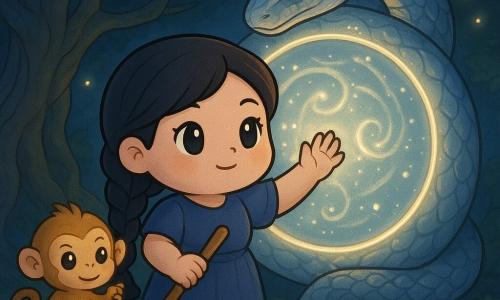 A robust, gentle adult woman with a round face, bright eyes and a long braided black hair in an indigo robe holding a polished bamboo staff calmly closes a shimmering silver lunar gate with one hand raised; to her left a small, mischievous golden monkey spirit clings to a banyan root clutching a pouch of stardust, and a large nonhuman guardian serpent with silver scales and blue highlights is coiled around the gate watching her vigilantly; the scene is a nighttime old banyan with twisted roots, wide deep-green leaves, floating yellow fireflies, mossy stone and a reflecting pond, bathed in soft moonlight and gentle colors (indigo, silver, emerald, touches of gold), centered, warm composition in chibi kawaii style with rounded features and exaggerated expressions.