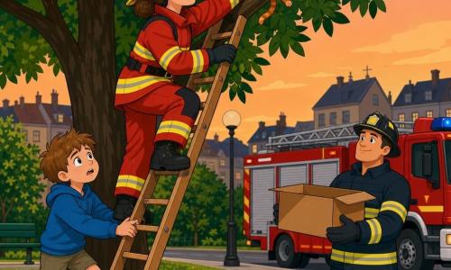Female firefighter in her 30s with fair skin and brown hair in a bun, calm smiling face, wearing a shiny yellow helmet and red-and-yellow reflective jacket, carefully climbing a small wooden ladder propped against a branch to rescue a thin orange tabby kitten mewling and clutching a twig; nine-year-old boy Tom with messy hair and scraped knees holds the ladder base at the front left with a worried, awed expression, while a solid-built male firefighter near a red fire truck at the park edge holds a cardboard box ready to receive the kitten; small urban park at dusk with green grass, dark green leaves, an unlit round lamp, gray sidewalk and soft orange sky; warm reassuring rescue scene, focused composition, saturated colors, clear outlines and flat shadows, child-friendly.