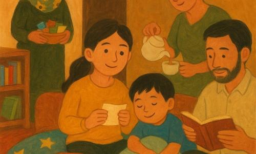 An intimate post-iftar Ramadan reading nook: Mina, an 8-year-old girl with brown hair in a ponytail, smiles in a mustard sweater holding a folded note beneath a pink paper lantern while sitting on a star cushion; Sami, a lively 5-year-old boy in a blue T-shirt, cuddles a pillow and a small red toy car, half-asleep; their mother (≈35) with tied hair in an olive dress pours tea, tenderly watching; their father (≈37) with light shirt and slight beard sits on a pouf reading softly from an open book; Mrs. Bell, a friendly neighbor (≈70) in a sunflower scarf, stands in the doorway with a jar of colored papers; warm soft light, thick rug, varied cushions and star blanket, low bookshelf, lantern projecting stars, small notes tucked beneath it, family exchanging “sorry & sparkle” notes, warm colors, visible gouache textures and gentle strokes.