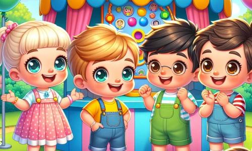 In a cheerful school park, four friends stand together around a colorful game booth. Lily, a 3-year-old girl with long blonde hair and sparkling eyes, wears a pink polka dot dress and smiles as she encourages her friends. Tom, a 3-year-old boy with messy brown hair and brown eyes, wears a blue t-shirt and green shorts, looking a bit shy with his hands in his pockets. Ben, a 3-year-old boy with black hair and round glasses, wears a red plaid shirt and beige pants, joyfully raising his arms while laughing. Mia, a 3-year-old girl with brown hair in a small ponytail, wears a denim overall and a yellow t-shirt, clapping enthusiastically. The park is filled with colorful balloons floating in the blue sky, with game booths decorated with garlands. The children play and laugh while parents watch them with smiles. In the center of the image, the friends gather around the 