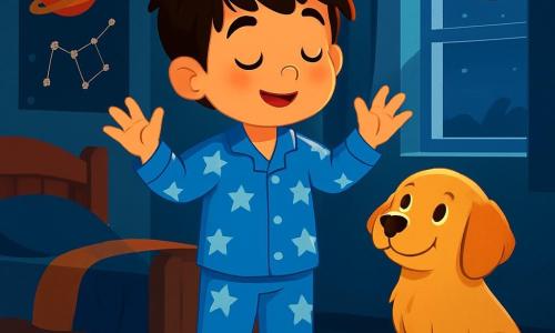 Un niño de 8 años, Lucas, con el cabello castaño desordenado y ojos llenos de curiosidad, está de pie en su oscura habitación, con una ligera sonrisa que muestra su emoción y un poco de nerviosismo. Lleva un pijama azul con estrellas blancas y tiene las manos levantadas como si estuviera listo para explorar lo desconocido. A su lado, su fiel perro Max, un golden retriever de pelaje dorado y ojos tiernos, lo mira con una expresión alentadora, como si estuviera listo para acompañarlo en esta aventura nocturna. La habitación está decorada con pósters de planetas y constelaciones, juguetes esparcidos por el suelo y una ventana que deja pasar la luz de la luna, creando sombras danzantes en las paredes. La situación principal muestra a Lucas, en la oscuridad, cerrando los ojos e imaginando que es un astronauta flotando en el espacio, rodeado de estrellas brillantes y planetas coloridos, transformando su miedo a la oscuridad en una maravillosa aventura.