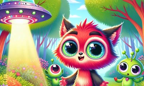 Într-o pădure verde, un vulpix curios numit Vulpii, cu blana sa roșie aprinsă și ochii mari strălucitori, privește cu uimire o mică farfurie zburătoare care tocmai a aterizat. Stă în picioare pe picioarele din spate, cu capul ușor înclinat și un zâmbet de excitație pe față. Lângă el, doi extratereștri verzi numiți Zor și Blip, cu capete rotunde și ochi uriași, afișează expresii prietenoase și curioase, Zor ținând un scanner intergalactic care proiectează imagini luminoase. Scena se desfășoară într-o poiană însorită, înconjurată de copaci măreți cu frunze strălucitoare și flori colorate care dansează în vânt. În centrul ilustrației, Vulpii și noii săi prieteni extratereștri se întâlnesc pentru prima dată, simbolizând o frumoasă prietenie intergalactică care începe.