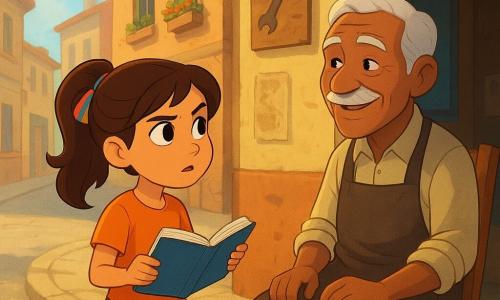 A 10-year-old girl, Maya, with brown hair tied with a colorful ribbon, has a determined and curious expression. She holds an open notebook in her hands, standing on a sidewalk. Next to her, an elderly man, Mr. Omar, about 60 years old, sits on a wooden chair in front of his repair shop, surrounded by tools and wearing a kind smile. In the background, a city street with buildings that have worn but colorful facades, windows with flower pots, and old posters. The main scene shows Maya listening attentively to Mr. Omar, surrounded by an atmosphere of calm and solidarity, with sunlight illuminating the scene and soft shadows creating patterns on the ground.