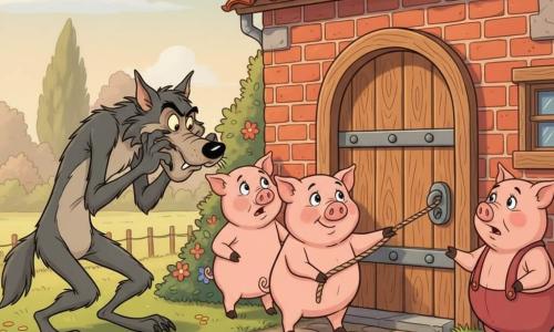 Pipo, um dos Três Porquinhos, rosto redondo e bochechudo, pelo rosa claro, determinado e sorridente, em pé diante de uma porta de tijolos vermelhos segurando uma corda como se tivesse trancado a casa; Lilo, porquinho mais magro e pálido, com expressão assustada mas corajosa, atrás de Pipo à esquerda; Tico, porquinho atarracado de pelo rosa escuro, à direita com as mãos na maçaneta, preocupado mas solidário; o lobo, alto e magro, pelo cinza escuro, focinho longo e olhos astutos, do lado de fora cheirando a porta e em postura de soprar; casa de tijolos bem construída com telhado de telhas laranja, jardim gramado e caminho de pedras; luz suave de fim de tarde, cores quentes e sombras suaves; cena centrada na porta com os três porquinhos unidos protegendo o lar contra o lobo, estilo cartoon anos 90 com contornos nítidos e expressões exageradas.