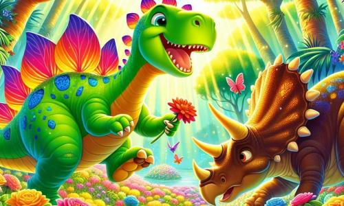 Un stegosaur numit Steggy, cu un corp verde strălucitor și spini colorați pe spate, își exprimă o mare bucurie sărind în mijlocul unui câmp de flori strălucitoare. Lângă el, un triceratops numit Dino, cu trei coarne și o piele maronie, zâmbește ținând o floare roșie în picioarele din față, în timp ce un brontozaur numit Tino, foarte mare și cu un gât lung, se apleacă pentru a admira florile, având un aer curios. Decorul este o insulă magică, plină de copaci mari cu trunchiuri groase, flori multicolore și o lumină aurie care filtrează prin frunze. Scena îi arată pe Steggy, Dino și Tino căutând flori strălucitoare, plini de entuziasm și camaraderie, într-un mediu încântător și vesel.