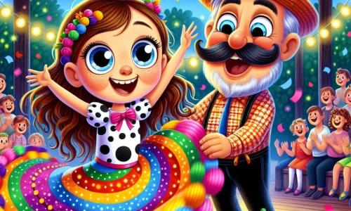 Una ragazza di 9 anni, Martina, con lunghi capelli castani e occhi scintillanti di gioia, danza con entusiasmo su un palco colorato, tenendo una grossa cipolla tra le braccia. Indossa un vestito a pois multicolori che ruota attorno a lei ad ogni movimento, e il suo viso irradia eccitazione e determinazione. Accanto a lei, il Signor Cipolla, un uomo gioviale di circa 50 anni con un cappello a forma di cipolla e una grande moustache, applaude con un grande sorriso, incoraggiando Martina con gesti entusiasti. Il palco è un vecchio fienile decorato con ghirlande luminose, palloni fluttuanti e spettatori felici seduti su panche di legno, tutti ridendo e applaudendo. Sullo sfondo si vedono alberi verdi e un cielo crepuscolare tinto di rosa e arancione, creando un'atmosfera magica. La scena principale mostra Martina che danza in modo ludico e creativo, facendo movimenti esagerati mentre cerca di jonglerare con la cipolla, suscitando risate e applausi dal pubblico, illustrando così il tema delle sfide impossibili trasformate in momenti di gioia.