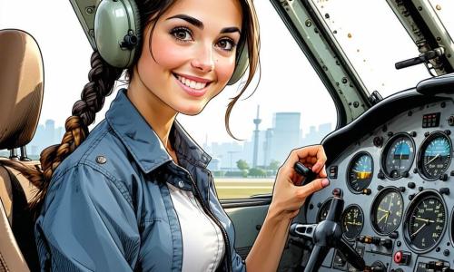 O tânără pilotă zâmbitoare dar concentrată, păr brun împletit, jachetă ușoară, ține un carnet uzat la piept și privește cockpitul deschis cu atitudine mândră; o mecanică de circa 30 de ani, mâini ușor pătată de ulei, păr scurt prins, ajustează o tringlerie lângă coada avionului, stânga și puțin în spate; un tehnician mai în vârstă, cu ochelari și păr cenușiu, arată o piesă metalică ținând o cheie englezească lângă o scară sprijinită de avion, în dreapta; un controlor de trafic, bărbat de circa 35 de ani, apare în fundal lângă un panou cu hârtii, zâmbind; hangar mare și luminos, podea de beton, rafturi cu cutii și unelte, uși mari deschise spre pistă și cer senin; avion mic cu fuselaj neted, aripi rotunjite, capotă deschisă cu cabluri și paloniere vizibile; atmosferă de cooperare calmă și muncă precisă; stil: linii fine tuș, contraste blânde, detalii tehnice simplificate, expresii calde și lizibile pentru copii.