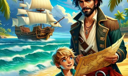 De hoofdpersoon, een man met een vastberaden blik, is kapitein Thijs, met rommelig zwart haar en een goed verzorgde baard. Hij draagt een piratenhoed versierd met een rode veer en een versleten leren jas, terwijl hij een schatkaart omhoog houdt met een opgewonden uitdrukking op zijn gezicht. Naast hem staat Mees, een 10-jarig jongetje met blond haar en sprankelende ogen, die aandachtig naar de kaart kijkt, met een glinstering van avontuur in zijn ogen. Iets verderop staat Lars, een 16-jarige jongen met een ondeugende glimlach en kleurrijke kleren, klaar om een grap te maken, wat een vleugje luchtigheid aan de scène toevoegt. De achtergrond toont een gouden zandstrand, omringd door groene palmbomen, met turquoise golven die zachtjes op de kust breken. Op de achtergrond is het piratenschip, de Zeewolf, te zien met zijn witte zeilen die in de wind wapperen, en een blauwe lucht met witte wolken. De hoofdsetting laat Thijs en zijn jonge team zien die een mysterieuze schatkaart ontdekken, omringd door een sfeer van opwinding en avontuur, klaar om op zoek te gaan naar de Planche des Zeesymbolen, terwijl ze de adrenaline van een nieuwe uitdaging voelen die hen te wachten staat.