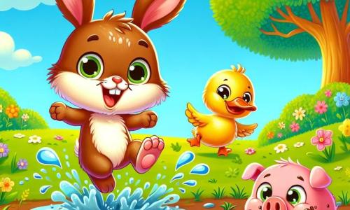 Ein kleiner Hase mit großen Ohren, weichem, braunem Fell und strahlenden Augen springt fröhlich in eine Wasserpfütze und spritzt Wasser um sich. Neben ihm steht eine kleine gelbe Ente mit glänzenden Federn und einem schelmischen Lächeln, bereit, mit ihm zu spielen. Ein rosa Schwein mit runden Wangen, einem amüsierten Blick und schmutzigen Pfoten rollt lachend über den Boden. Die Szene spielt sich auf einer grünen Wiese mit bunten Blumen unter einem strahlend blauen Himmel mit einigen flauschigen Wolken ab. In der Ferne steht ein majestätischer großer Baum, der Schatten und Schutz für die Tiere bietet. Die Hauptsituation zeigt den Hasen, die Ente und das Schwein, die zusammen Spaß haben, lachen und im Schlamm spielen, was eine Atmosphäre von Glück und Kameradschaft schafft.