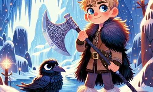 Ein junger Wikinger namens Eirik, etwa 12 Jahre alt, steht mutig vor einer majestätischen Eishöhle. Er hat zerzauste goldene Haare, rosige Wangen und funkelnde Augen voller Entschlossenheit. Eirik trägt einen braunen Pelzmantel mit einem Ledergürtel und schwingt eine prächtige, schimmernde Axt, Symbol seines Mutes. Neben ihm sitzt ein kleiner schwarzer Rabe namens Knopfauge mit glänzendem Gefieder und schelmischen Augen auf seiner Schulter, der neugierig umherschaut. Die Szene spielt am Eingang einer funkelnden Höhle, deren Wände mit Eis-Kristallen bedeckt sind, die wie Sterne leuchten. Sanfte Schneeflocken fallen und schaffen eine magische, geheimnisvolle Atmosphäre. Eirik bereitet sich darauf vor, die Höhle zu betreten, sein Gesicht drückt sowohl Aufregung als auch leichte Besorgnis aus, während das Licht der Axt seinen Weg erhellt und das Abenteuer enthüllt, das ihn drinnen erwartet.