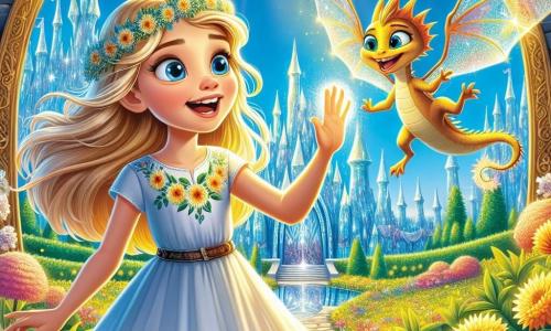 Elena, una niña de 10 años, se encuentra en el centro de la imagen, con cabello dorado que flota a su alrededor como rayos de sol. Sus ojos azules brillan de emoción y determinación mientras mira un hermoso espejo brillante frente a ella. Lleva un vestido ligero con flores, símbolo de su conexión con la naturaleza. A su lado, Lúculo, un pequeño dragón de escamas doradas, vuela alegremente, con alas translúcidas que brillan bajo la luz del sol y una sonrisa traviesa, listo para ayudar a Elena en su misión. El fondo es un castillo de cristal brillante, rodeado de jardines coloridos llenos de flores mágicas y criaturas fantásticas, con árboles majestuosos de hojas doradas y un cielo azul radiante. La escena principal muestra a Elena, decidida y valiente, lista para tocar el espejo de los deseos y liberar el reino de la maldición, mientras Lúculo la anima con entusiasmo, creando una atmósfera de aventura y magia.