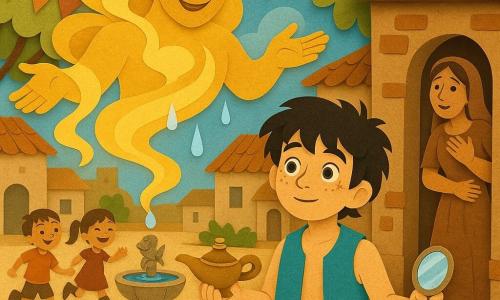 Aladdin, niño de ~12 años, rostro redondo con pecas, pelo negro desordenado, expresión maravillada, sostiene una lámpara de latón en una mano y un pequeño espejo en la otra, vestido con chaleco turquesa y pantalón arena, en primer plano; detrás surge en espiral un Genio no humano hecho de nubes doradas y cintas luminosas, sonriente y benevolente, brazos abiertos; la madre de Aladdin, mujer de ~35 años con trenzas castañas y vestido sencillo color tierra, observa desde la entrada de una casa de ladrillo con la mano en el pecho, aliviada; dos niños vecinos de ~7 años, uno con cabello corto y otra con coleta, botas embarradas, corren felices hacia una fuente que se llena a la izquierda de Aladdin; plaza de mercado reseca con suelo agrietado, fuente central de piedra con pez tallado, casitas de tejas y guirnaldas de telas, árboles con hojas recortadas; momento clave: la primera gota de lluvia del Genio cae sobre la fuente, salpicaduras brillantes, colores vivos (azul cielo, dorado, ocre) y texturas de papel superpuestas con sombras suaves.