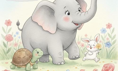 A large light-gray, soft, round elephant smiling and amazed, with drooping ears and long lashes, gently blows while raising its trunk to the sky; a small fluffy white rabbit with round joyful eyes holds a yellow flower and hops at the elephant's right paw; an old calm green turtle with a brown speckled shell slowly moves at the elephant's left looking at flowers; the sunlit clearing is filled with vibrant roses, yellow daisies, bluebells and purple petals, soft green grass and a few fluffy white clouds; the friends search for rainbow colors among the flowers in a warm, serene, pastel watercolor scene with soft strokes and rounded contours.