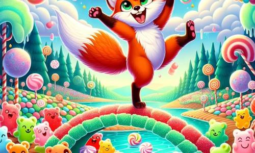 In the center of the image, a mischievous fox named Felix, with bright orange fur and a bushy tail, joyfully dances on a mint candy bridge, his face radiating happiness and excitement. His eyes sparkle with mischief as he twirls, surrounded by colorful marshmallows floating around him like sweet clouds. On the left, a group of smiling, round pastel-colored marshmallows jump for joy, their little hands raised in the air, encouraging Felix in his dance. On the right, brightly colored gummy bears with amazed expressions applaud and laugh, standing on the banks of the candy river, their eyes shining with admiration. The setting is a fantastical world where the ground is covered in multicolored jellies, licorice trees rise toward a pastel blue sky dotted with cotton candy clouds. The river sparkles in red and white, winding through this magical landscape. The scene depicts Felix dancing on the mint bridge, surrounded by marshmallows and gummy bears, all celebrating together in a burst of joy and sweet magic.