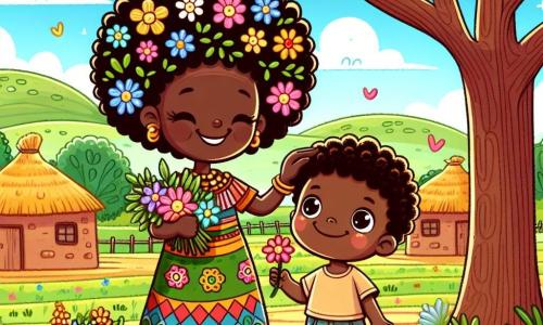 Amara este o femeie africană de aproximativ treizeci de ani, cu o piele brună caldă și părul creț împodobit cu flori colorate. Ea poartă o rochie tradițională cu modele vibrante, iar fața ei radiază bunătate și bucurie în timp ce zâmbește la un băiețel. Băiețelul, de aproximativ 7 ani, are ochi strălucitori și obraje rotunzi. El poartă un tricou simplu și un șort dintr-un material ușor, stând aproape de Amara, ținând o floare în mână, cu un zâmbet timid dar fericit. Scena se desfășoară sub un copac mare la umbră într-un sat african, cu case din chirpici în fundal și câmpuri verzi care se întind cât vezi cu ochii. Cerul este de un albastru strălucitor, presărat cu nori albi pufoși. Amara și băiețelul culeg flori colorate împreună, umplând un coș cu petale strălucitoare, în timp ce Amara îi explică băiatului cum fiecare floare reprezintă un prieten. Atmosfera este veselă și plină de căldură, simbolizând prietenia și descoperirea.