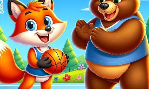 A cheerful fox with bright orange fur and a bushy tail, wearing red shoes, dribbles a basketball on a sunny court. Its eyes sparkle with excitement and it has a wide smile. Next to it, a tall, sturdy bear with brown fur and a blue t-shirt enthusiastically claps, showing pride for its friend. The bear has a friendly and encouraging look. The basketball court is surrounded by green trees and colorful flowers, under a clear blue sky with a few white clouds. The scene captures the fox passing the ball to the bear, reflecting the energy and joy of their game together.