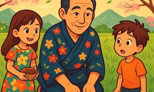 Een man genaamd Kazuo, in zijn vijftig, met lichtgrijs wordend zwart haar en ogen die sprankelen van wijsheid, staat in het midden van het podium. Hij draagt een traditionele kimono met bloemenpatronen en zijn gezicht straalt een zachte vastberadenheid uit. Hij is gehurkt, met zijn handen op een kleine hoop aarde, klaar om een zaadje te planten. Naast hem staat een klein meisje van ongeveer 8 jaar met lange, bruine haren en een nieuwsgierige glimlach, dat Kazuo aandachtig observeert. Ze draagt een kleurrijke jurk met bloemenpatronen en houdt een klein mandje vol zaadjes vast. Een jonge jongen van 6 jaar met messy haar staat iets verder weg, met grote ogen, gefascineerd door het tafereel. Hij draagt een eenvoudig t-shirt en een korte broek. De achtergrond is een groen rijstveld, verlicht door het gouden licht van de zonsondergang. Majestueuze bergen tekenen zich af op de achtergrond, terwijl bloeiende kersenbomen roze en witte accenten aan het landschap toevoegen. Kazuo legt met een vriendelijke blik aan de kinderen uit hoe belangrijk het is om zaadjes te planten om verhalen te laten groeien, terwijl de lichte wind de bladeren om hen heen laat dansen.