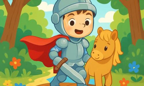 Un giovane cavaliere coraggioso, di circa 8 anni, indossa un'armatura brillante e un mantello rosso svolazzante. Il suo viso è determinato e gioioso, con occhi scintillanti di eccitazione. Si trova ai bordi di un ponte di legno, pronto ad attraversarlo con sicurezza. Accanto a lui, un adorabile pony dal pelo dorato e dagli occhi dolci guarda il cavaliere con fiducia, come a incoraggiarlo. Il luogo è una foresta incantata, con grandi alberi dalle foglie verdi brillanti e fiori colorati che crescono sul terreno. La luce del sole filtra tra i rami, creando ombre danzanti sul suolo. La scena principale mostra il cavaliere e il suo pony pronti ad attraversare un ponte stretto e alto, che sovrasta un fiume scintillante, i loro cuori battono d'eccitazione, pronti a vivere una nuova avventura insieme.